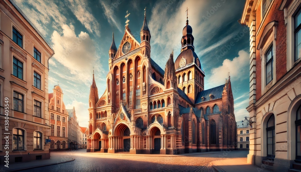 Fototapeta premium Riga cathedral illuminating the cityscape at dawn in latvia