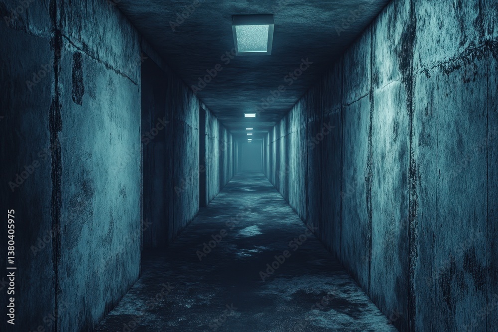 Eerie Underground Tunnel with Dim Fluorescent Lights Long Concrete Corridor in Shades of Blue Creating a Claustrophobic and Gloomy Atmosphere