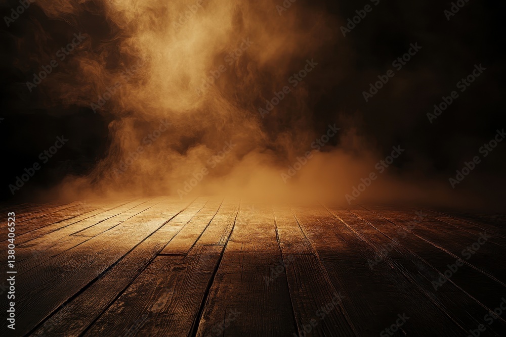 Ethereal Wooden Planks under a Cloud of Brown Dust in a Dark Room with a Wooden Floor Background and a Textured Surface Ethereal Wooden Planks under a Cloud of Brown Dust in a Dark Room with a Wooden Floor Background and a Textured Surface
