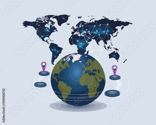 vector illustrative poster that celebrates global communication technology . Showcase a world travel by advanced communication systems.
