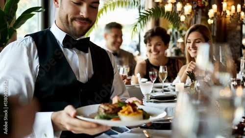A waiter presents a beautifully plated gourmet dish to guests in an upscale restaurant. The atmosphere is filled with soft, ambient lighting and elegant decor, enhancing the dining experience.