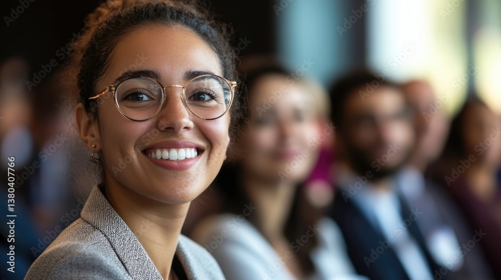 Confident Businesswoman Smiling Amidst a Conference of Diverse Professionals Confident Businesswoman Smiling Amidst a Conference of Diverse Professionals