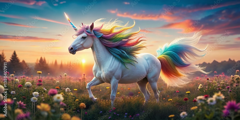 Fototapeta premium Magical Unicorn in Sunset Flower Field - Rainbow Mane & Tail Macro Photography