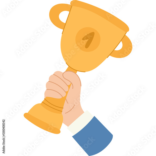 Hand holding a golden winner's trophy. Hand raising a golden trophy with a number one symbol, representing success, achievement, victory, and championship.