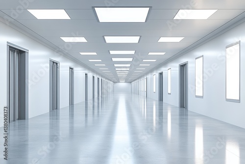 Long White Hallway with Recessed Lighting in a Modern Building Interior Featuring Clean Lines Reflective Flooring and Elevator Doors Underneath Overhead Square Lighting Fixtures