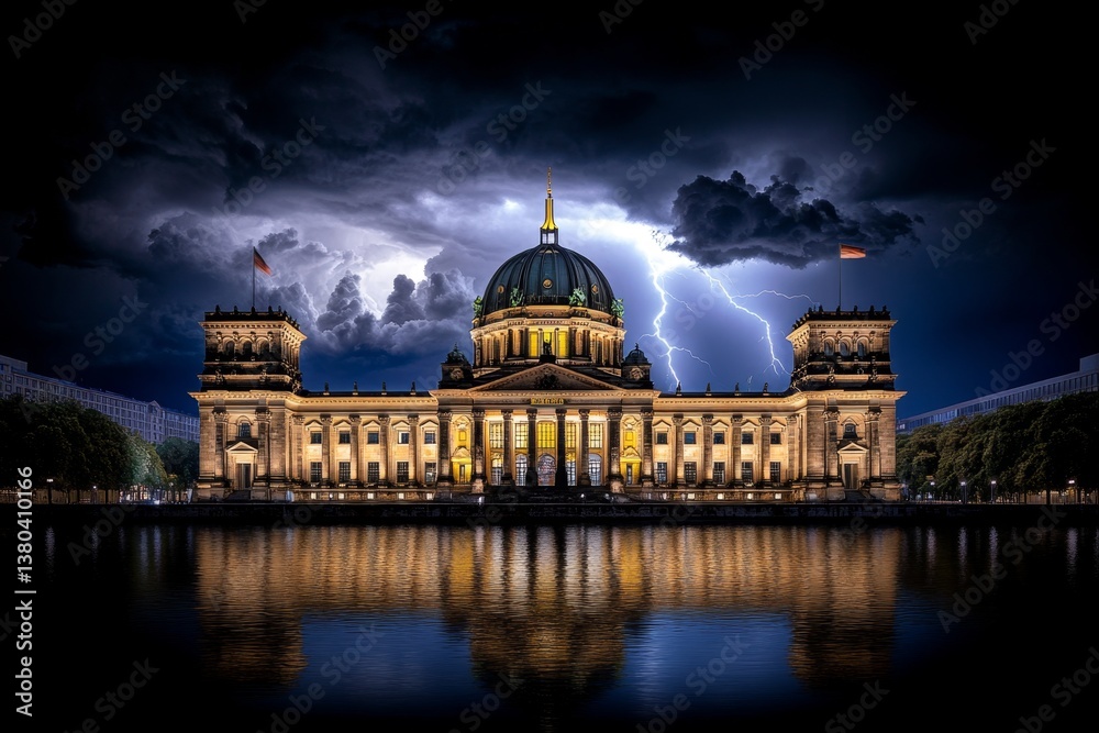 Fototapeta premium A stormy night over Berlin, with lightning striking near the Reichstag and dark clouds looming over the city