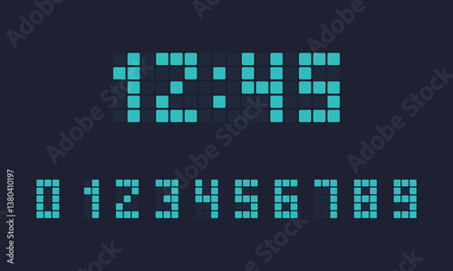 Electronic numbers set. Vector digital LED numbers set. Digital display number set for sign, alarm, calculator, clock, light, electronic, computer, watch, time. Vector illustration of LED digits.