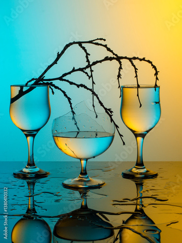 Abstract Glass Composition with Dramatic Lighting. Art Glass Still Life with Water Drops