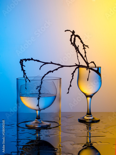 Abstract Glass Composition with Dramatic Lighting. Art Glass Still Life with Water Drops