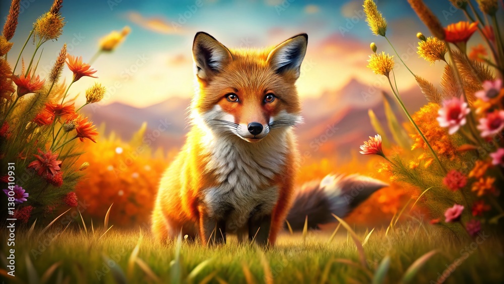 Obraz premium Majestic Fox in Vibrant Meadow - Wildlife Nature Wallpaper