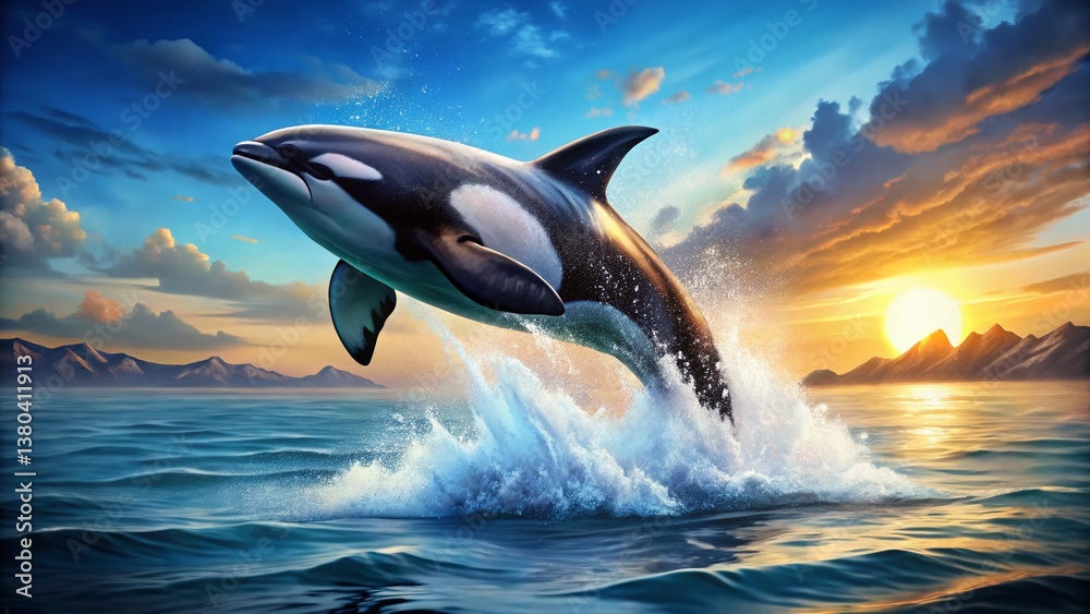 Fototapeta premium Majestic Killer Whale Leap: Ocean Power & Grace Stock Photo