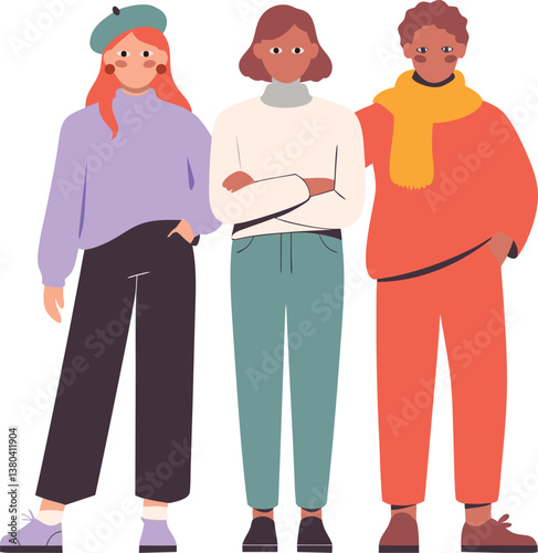 Three people are standing together, one of them wearing a scarf