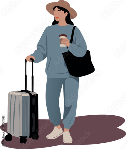 A woman is holding a suitcase and a cup of coffee