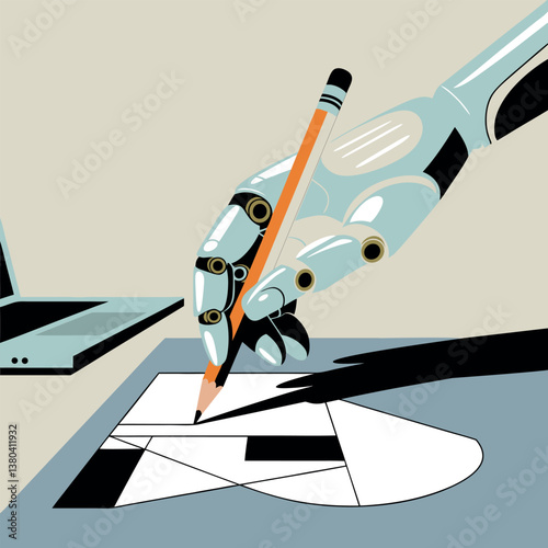 A robot is writing with a pencil on a piece of paper
