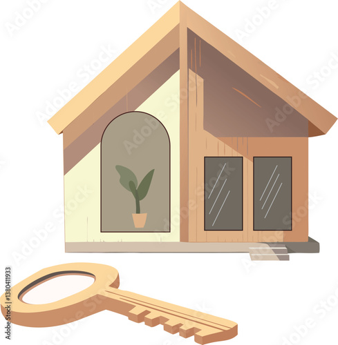 A house with a key on the ground in front of it