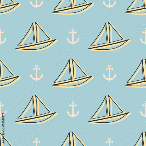 A blue and yellow background with a pattern of boats and anchors