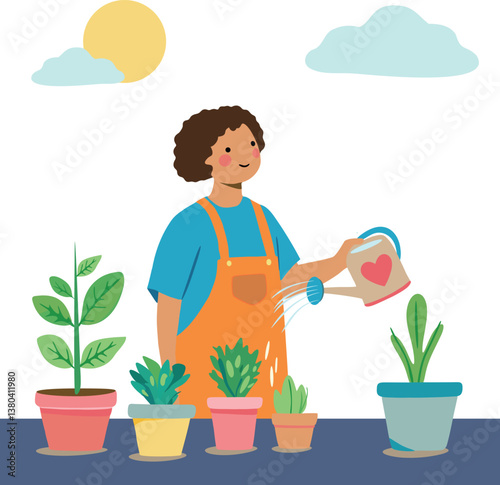 A woman is watering plants in a garden