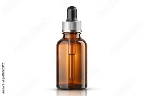 A glass bottle with a dropper, designed for skincare or essential oils, isolated on a white background