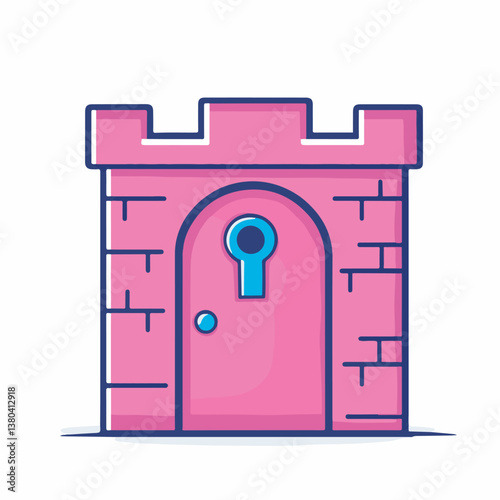 Pink castle door guards entrance with keyhole cartoon design