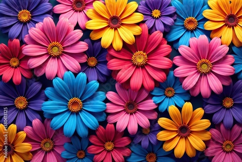 Intricate, overlapping blooms in vibrant hues create a dense, repeating floral pattern , surface, colorful