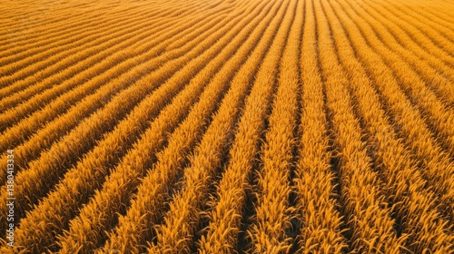 Golden Rice Field with Beautifully Patterned Crop Rows at Sunset