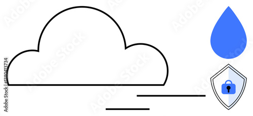 Cloud with lines suggesting movement, blue raindrop, shield with lock icon. Ideal for cloud storage, data protection, cybersecurity, online safety, digital privacy, secure communication abstract