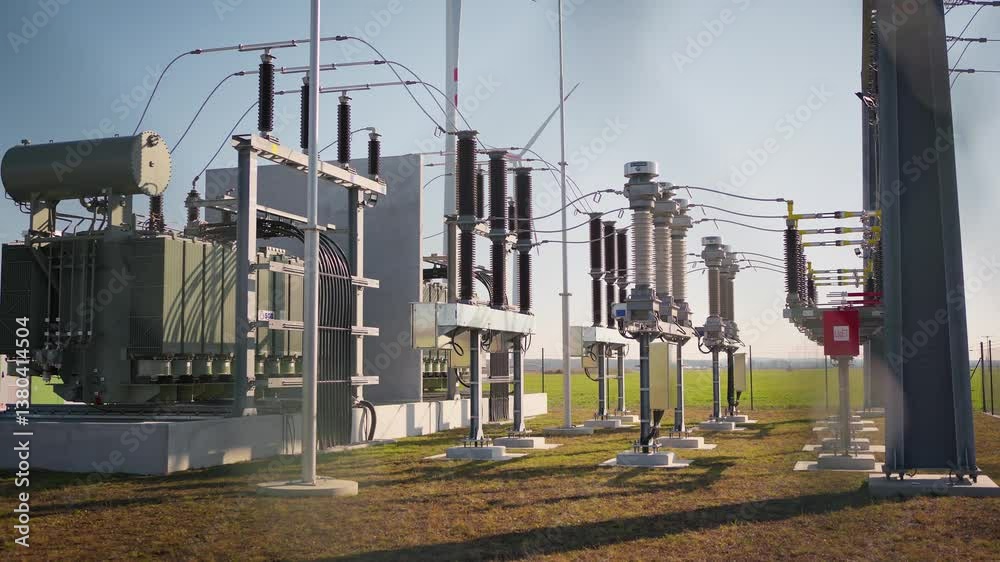 Crab right shot revealing detailed infrastructure of an outdoor electrical substation with transformers and insulators on a sunny day.