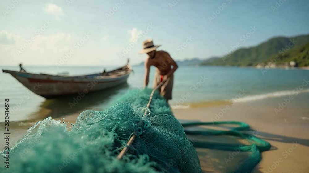 Pescador brasileño tirando red de pesca artesanal en playa tropical de Bahía