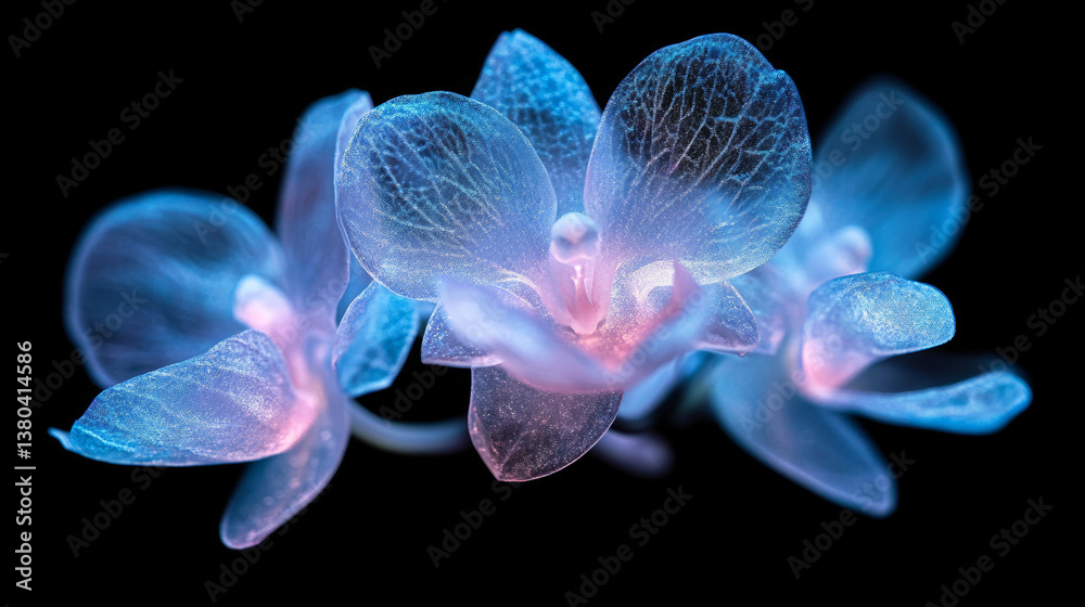 Obraz premium Three beautifully lit orchid flowers display a mesmerizing blend of blue and pink hues. Their translucent petals reveal intricate patterns, captivating viewers with nature's artistry and elegance