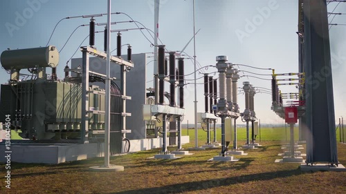 Crab right shot revealing detailed infrastructure of an outdoor electrical substation with transformers and insulators on a sunny day.