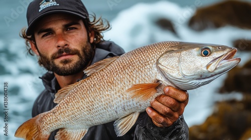 Angler proudly presents a freshly caught fish while standing near crashing waves along a rugged coast
