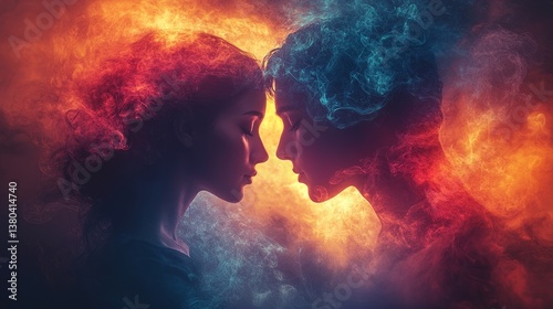 Two figures face each other in a mesmerizing embrace of vibrant hues and swirling smoke, symbolizing deep connection