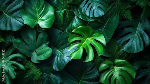 A dense arrangement of tropical leaves showcases a diverse range of shades, with striking patterns and textures. The vibrant greenery offers an immersive experience of nature's beauty and vitality