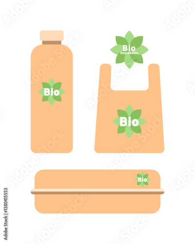Biodegradable packaging set. Eco-friendly. Box, bottle, packaging, container for delivery, takeaway food, isolated on white background
