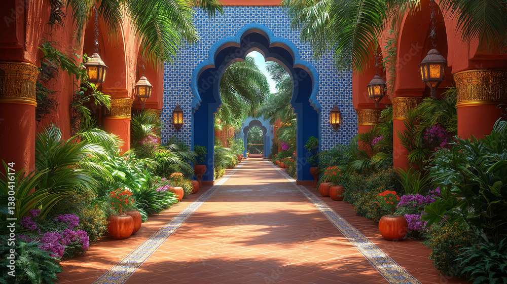 Fototapeta premium Vibrant Arabian Oasis Entrance with Blue Arches, Orange Walls, Lush Greenery, Hanging Lanterns, and White Patterned Rug – Hyper-Realistic 3D Render in High Resolution and Cinematic Detail