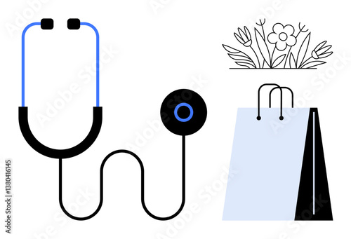 Stethoscope symbolizes health, shopping bag suggests lifestyle choices, and flower represents nature or holistic wellness. Ideal for health, shopping, nature, wellness, ecology, sustainability
