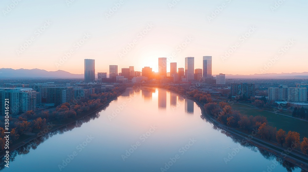 Enchanting Sunrise Over Denver, soft orange and pink hues illuminate the skyline and river, casting a magical glow over the city as day breaks on the horizon Enchanting Sunrise Over Denver, soft orange and pink hues illuminate the skyline and river, casting a magical glow over the city as day breaks on the horizon
