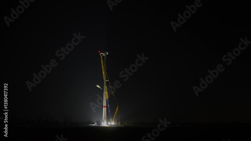 Wide nighttime timelapse of a wind turbine blade being mounted by crane, with construction lights illuminating the scene amid surrounding darkness.