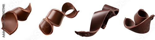 A variety of chocolate curls are displayed, showcasing different shapes and textures. These curls, crafted from high-quality chocolate, highlight the artistry involved in dessert presentation