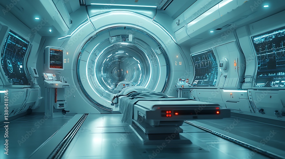 A futuristic medical room with advanced scanning devices, leaving the top-right corner for text A futuristic medical room with advanced scanning devices, leaving the top-right corner for text