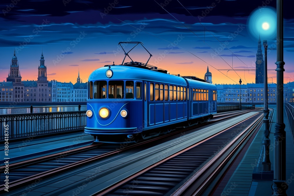 Obraz premium A vintage-style Riga travel poster, featuring a classic tram passing through Old Town