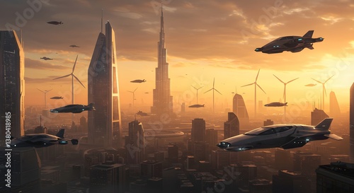 Futuristic cityscape at sunset with flying cars, tall skyscrapers, and wind turbines, perfect for sci-fi themes