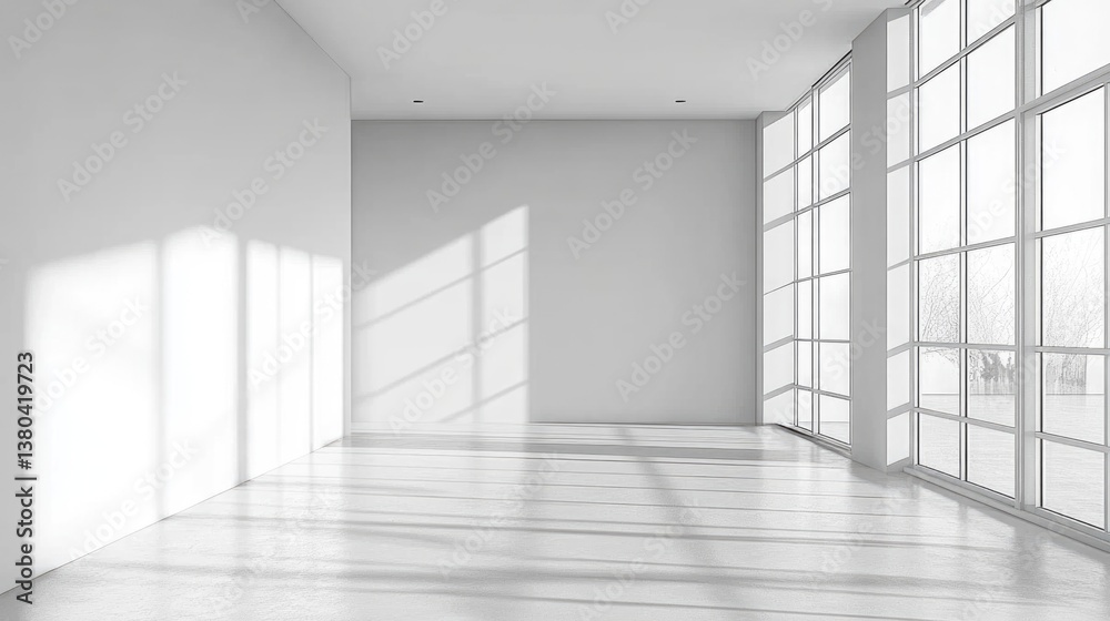 Expansive white interior with natural light casting soft shadows on the floor during a tranquil morning in a modern space Expansive white interior with natural light casting soft shadows on the floor during a tranquil morning in a modern space