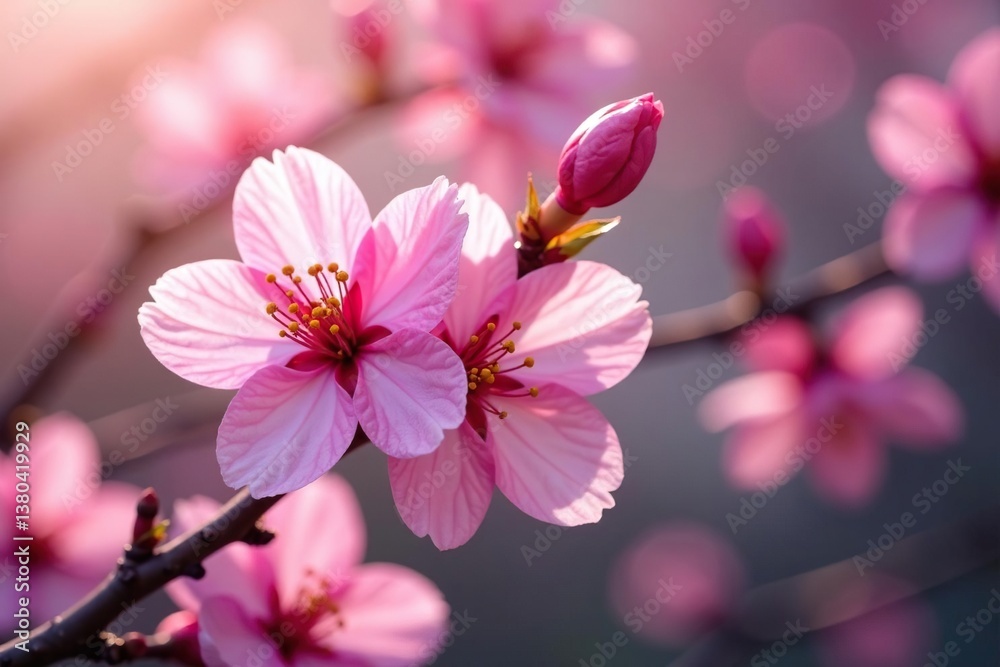 Obraz premium Vibrant full bloom sakura, overlapping petals, lush branches , sakura branch, cherry blossom background, illustration