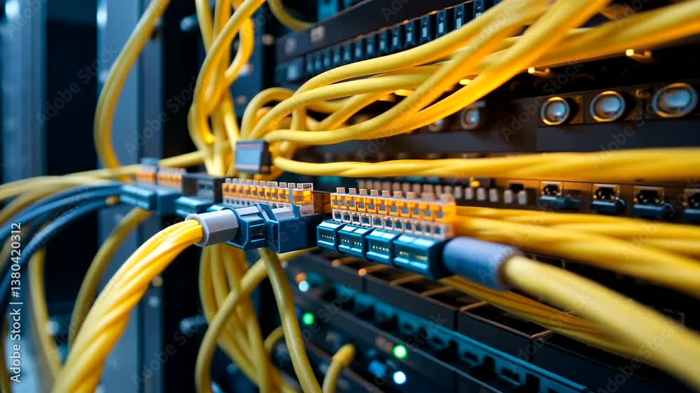 Close-up view of networking equipment with yellow cables connecting various ports in a server room environment