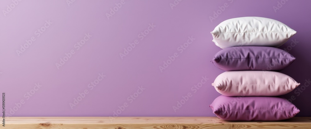 Obraz premium Colorful decorative pillows stacked on a wooden surface against wall 
