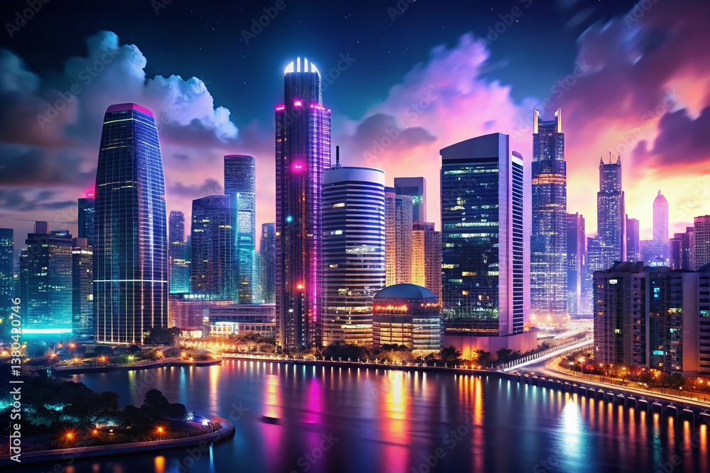 Fototapeta premium Miami Brickell Skyline Night Photography, Bokeh Lights, Cityscape, Urban, Architecture