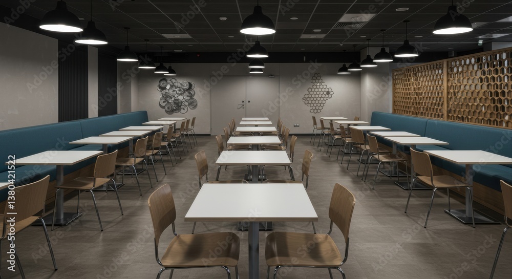 Fototapeta premium Modern cafe dining area with white tables.