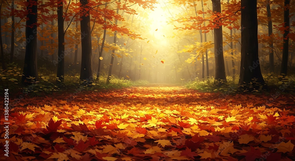 Fototapeta premium Autumn Forest Path: Sunlit Leaves & Trees AI Generated