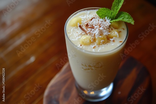 A close up of a smoothie with pineapple and coconut flakes on a wooden surface with mint garnish